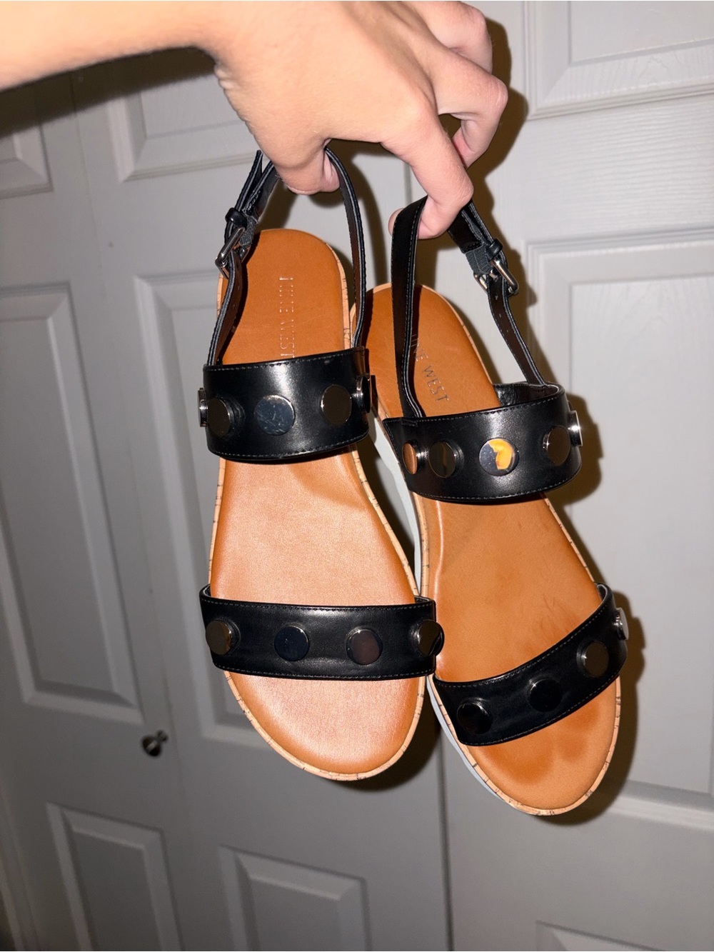 Nine West Black Studded Leather Slingback Sandals